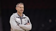 Mar 26, 2025; Newark, NJ, USA; Alabama Crimson Tide head coach Nate Oats during a practice session in preparation for an East Regional semifinal game against the Brigham Young Cougars at Prudential Center. Mandatory Credit: Vincent Carchietta-Imagn Images