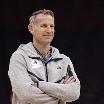 Mar 26, 2025; Newark, NJ, USA; Alabama Crimson Tide head coach Nate Oats during a practice session in preparation for an East Regional semifinal game against the Brigham Young Cougars at Prudential Center. Mandatory Credit: Vincent Carchietta-Imagn Images