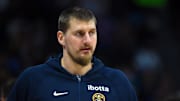 Nov 22, 2025; Denver, Colorado, USA; Denver Nuggets center Nikola Jokic (15) before the game against the Sacramento Kings at Ball Arena.