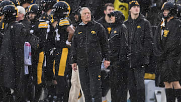 Nov 8, 2025; Iowa City, Iowa, USA; Iowa Hawkeyes head coach Kirk Ferentz looks at a replay on the scoreboard during the second quarter against the Oregon Ducks at Kinnick Stadium. Mandatory Credit: Jeffrey Becker-Imagn Images
