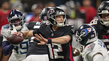 Aug 15, 2025; Atlanta, Georgia, USA; Atlanta Falcons quarterback Easton Stick (12) passes the ball against the Tennessee Titans at Mercedes-Benz Stadium. Mandatory Credit: Dale Zanine-Imagn Images