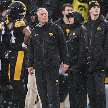 Nov 8, 2025; Iowa City, Iowa, USA; Iowa Hawkeyes head coach Kirk Ferentz looks at a replay on the scoreboard during the second quarter against the Oregon Ducks at Kinnick Stadium. Mandatory Credit: Jeffrey Becker-Imagn Images