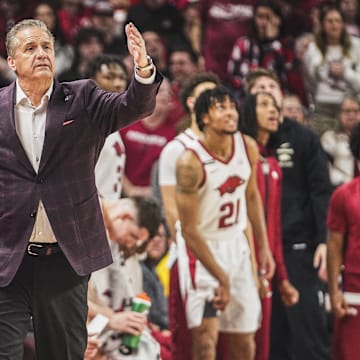 Arkansas Razorbacks coach John Calipari on the sidelines against the Missouri Tigers at Bud Walton Arena in Fayetteville, Ark.