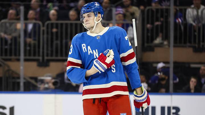 Jan 8, 2026; New York, New York, USA;  New York Rangers center Matt Rempe (73) at Madison Square Garden. Mandatory Credit: Wendell Cruz-Imagn Images