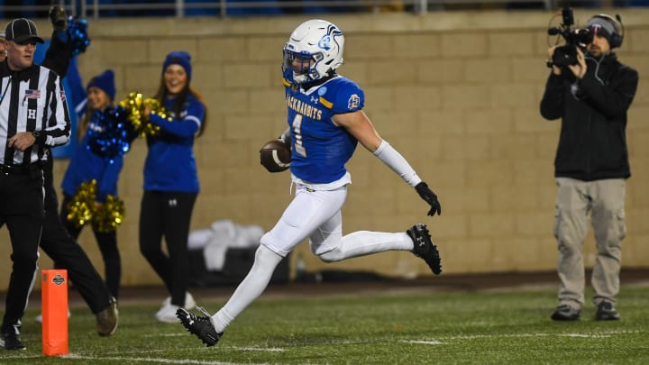 SDSU's safety Tucker Large (1) scores the touchdown during the second quarter while playing against University of Albany on Friday, Dec. 15, 2023 at Dana J. Dykhouse in Brookings.