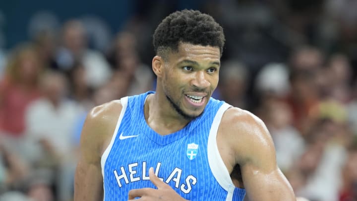 Jul 30, 2024; Villeneuve-d'Ascq, France; Greece small forward Giannis Antetokounmpo (34) reacts against Spain in a men's basketball group stage match during the Paris 2024 Olympic Summer Games at Stade Pierre-Mauroy. 