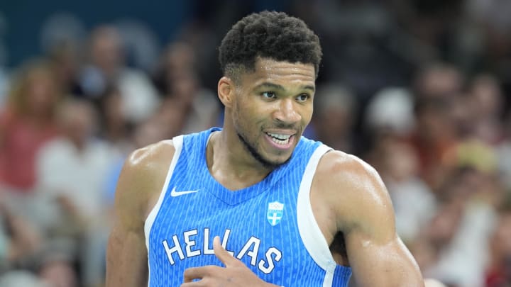 Jul 30, 2024; Villeneuve-d'Ascq, France; Greece small forward Giannis Antetokounmpo (34) reacts against Spain in a men's basketball group stage match during the Paris 2024 Olympic Summer Games at Stade Pierre-Mauroy. Mandatory Credit: John David Mercer-USA TODAY Sports