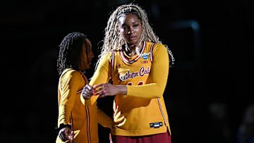 USC Trojans forward Kiki Iriafen is introduced during a Sweet 16 game against the Kansas State Wildcats.