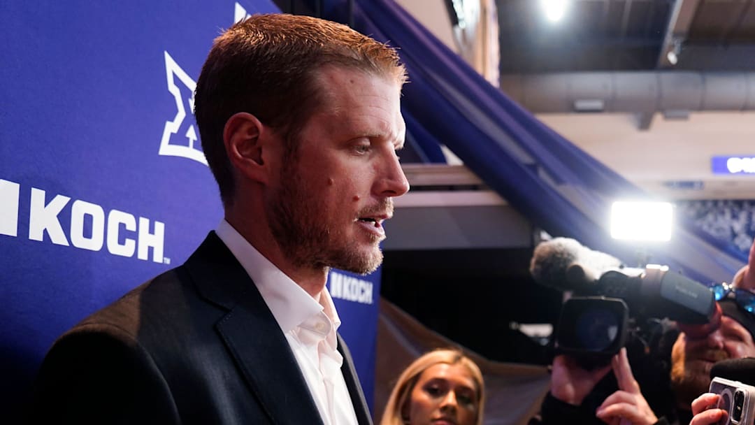 Kansas State new head football coach Collin Klein takes questions from the media during his introduction ceremony at Morgan Family Arena on Dec. 5, 2025.