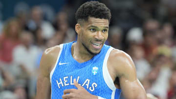 Jul 30, 2024; Villeneuve-d'Ascq, France; Greece small forward Giannis Antetokounmpo (34) reacts against Spain in a men's basketball group stage match during the Paris 2024 Olympic Summer Games at Stade Pierre-Mauroy. Mandatory Credit: John David Mercer-USA TODAY Sports