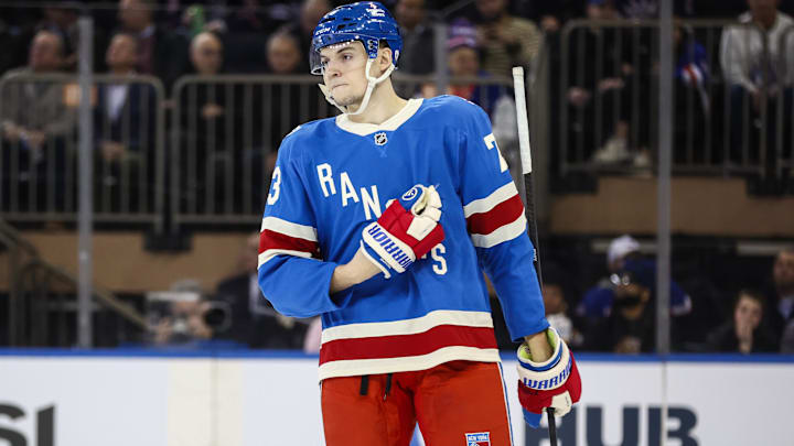 Jan 8, 2026; New York, New York, USA;  New York Rangers center Matt Rempe (73) at Madison Square Garden.