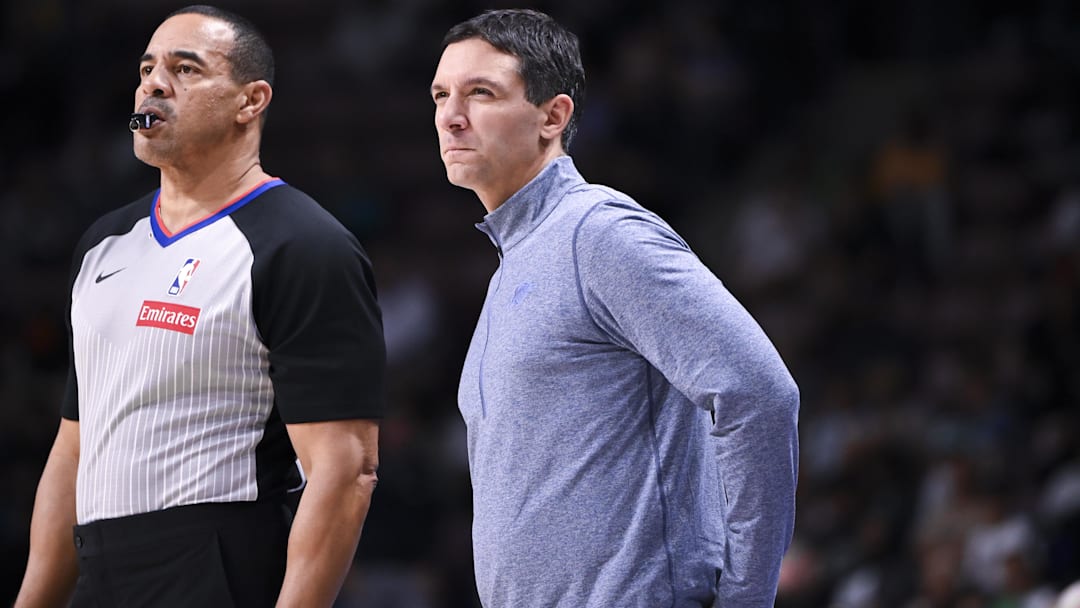 Oct 5, 2025; North Charleston, South Carolina, USA;  Oklahoma City Thunder Coach Mark Daigneault, pondering a play in the third quarter at North Charleston Coliseum. Mandatory Credit: Arthur Ellis-Imagn Images