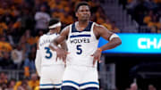 Minnesota Timberwolves guard Anthony Edwards reacts after making a 3-pointer against the Golden State Warriors in the third quarter during Game 4 of their Western Conference semifinal at Chase Center in San Francisco on May 12, 2025.