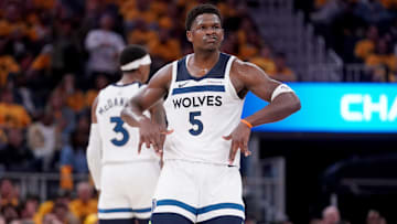 Minnesota Timberwolves guard Anthony Edwards reacts after making a 3-pointer against the Golden State Warriors in the third quarter during Game 4 of their Western Conference semifinal at Chase Center in San Francisco on May 12, 2025.