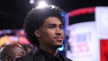 Jun 25, 2025; Brooklyn, NY, USA; Dylan Harper before the 2025 NBA Draft at Barclays Center. Mandatory Credit: Brad Penner-Imagn Images
