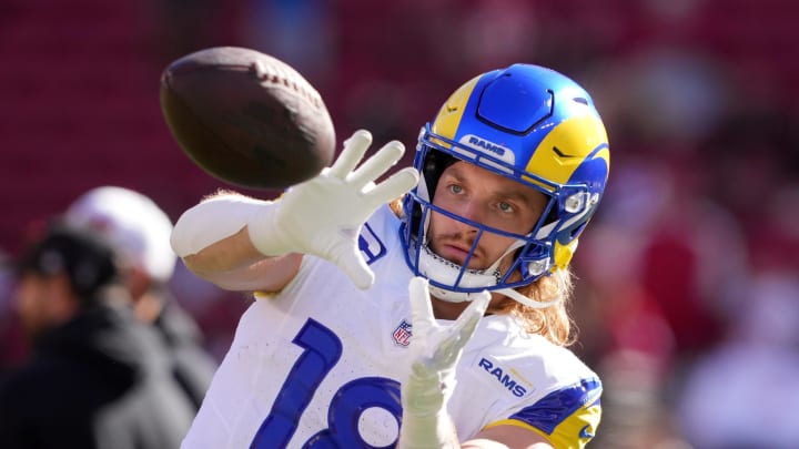 Jan 7, 2024; Santa Clara, California, USA; Los Angeles Rams wide receiver Ben Skowronek (18) warms up before the game against the San Francisco 49ers at Levi's Stadium. Mandatory Credit: Darren Yamashita-USA TODAY Sports