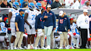 Oct 25, 2025; Norman, Oklahoma, USA;  Ole Miss Rebels head coach Lane Kiffin during the game against the Oklahoma Sooners at Gaylord Family-Oklahoma Memorial Stadium. Mandatory Credit: Kevin Jairaj-Imagn Images