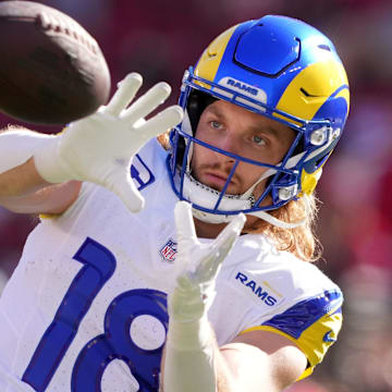 Jan 7, 2024; Santa Clara, California, USA; Los Angeles Rams wide receiver Ben Skowronek (18) warms up before the game against the San Francisco 49ers at Levi's Stadium. Mandatory Credit: Darren Yamashita-Imagn Images