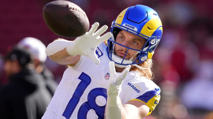 Jan 7, 2024; Santa Clara, California, USA; Los Angeles Rams wide receiver Ben Skowronek (18) warms up before the game against the San Francisco 49ers at Levi's Stadium. Mandatory Credit: Darren Yamashita-Imagn Images