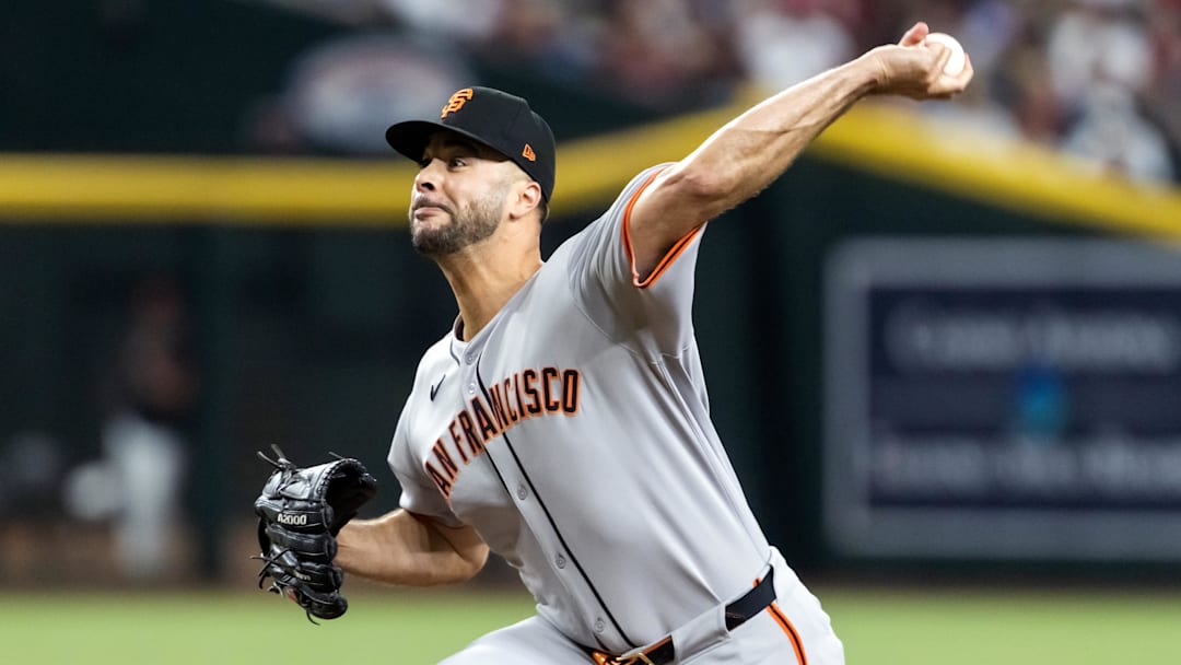 Sep 16, 2025; Phoenix, Arizona, USA; San Francisco Giants pitcher Joey Lucchesi against the Arizona Diamondbacks at Chase Field. Mandatory Credit: Mark J. Rebilas-Imagn Images