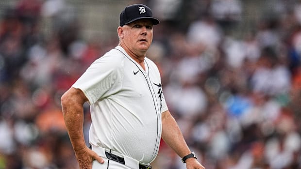 Detroit Tigers manager A.J. Hinch (14) walks off the field for a pitching change