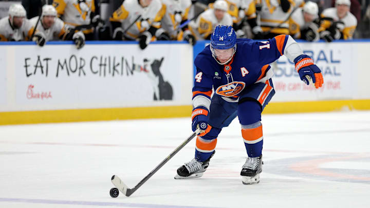 Feb 3, 2026; Elmont, New York, USA; New York Islanders center Bo Horvat (14) brings the puck up ice against against the Pittsburgh Penguins during overtime at UBS Arena. Mandatory Credit: Brad Penner-Imagn Images