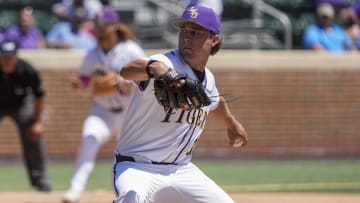 May 31, 2024; Chapel Hill, NC, USA; LSU pitcher Griffin Herring (35) pitches in the late innings against the Wofford Terriers during the NCAA Regional in Chapel Hill. Mandatory Credit: Jim Dedmon-USA TODAY Sports