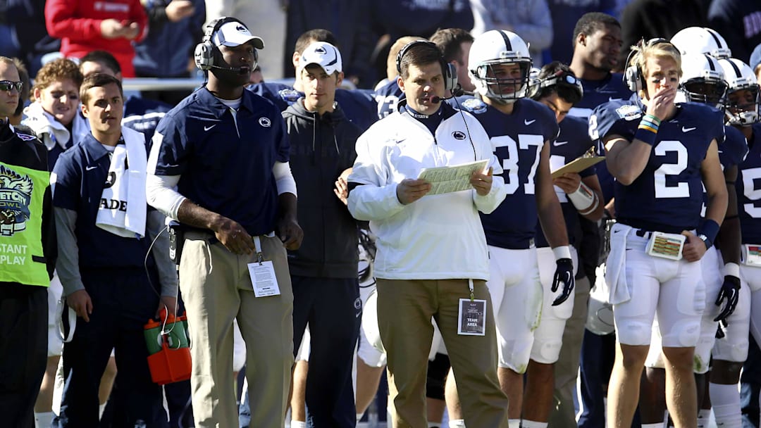 Former Penn State Nittany Lions quarterbacks coach Jay Paterno on the sidelines during the 2012 TicketCity Bowl against the Houston Cougars at Cotton Bowl Stadium. 