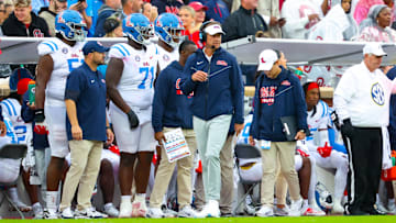 Oct 25, 2025; Norman, Oklahoma, USA;  Ole Miss Rebels head coach Lane Kiffin during the game against the Oklahoma Sooners at Gaylord Family-Oklahoma Memorial Stadium. Mandatory Credit: Kevin Jairaj-Imagn Images