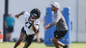 Jul 23, 2025; Jacksonville, FL, USA; Jacksonville Jaguars cornerback Caleb Ransaw (27) participates in training camp at Miller Electric Center. Mandatory Credit: Nathan Ray Seebeck-Imagn Images