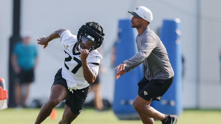 Jul 23, 2025; Jacksonville, FL, USA; Jacksonville Jaguars cornerback Caleb Ransaw (27) participates in training camp at Miller Electric Center. Mandatory Credit: Nathan Ray Seebeck-Imagn Images