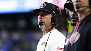 Oct 10, 2024; Seattle, Washington, USA; San Francisco 49ers head coach Kyle Shanahan stands on the sideline during the fourth quarter against the Seattle Seahawks at Lumen Field. Mandatory Credit: Joe Nicholson-Imagn Images