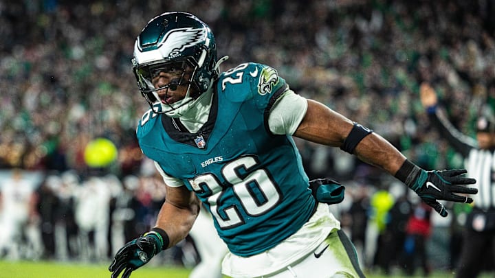 Philadelphia Eagles running back Saquon Barkley reacts to scoring a touchdown.