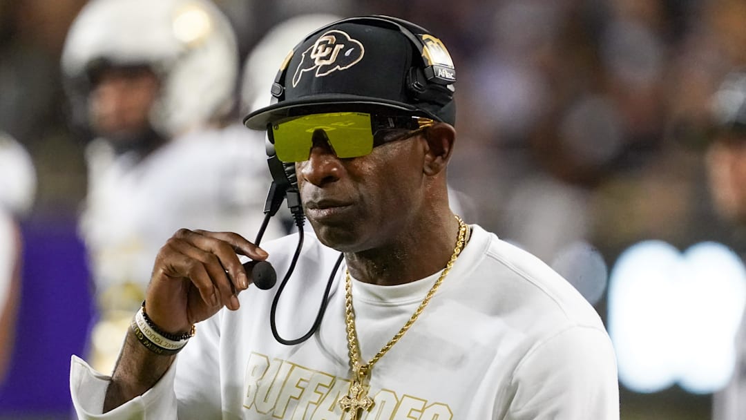Oct 4, 2025; Fort Worth, Texas, USA; Colorado Buffaloes head coach Deion Sanders on the sidelines during the first half against the TCU Horned Frogs at Amon G. Carter Stadium.
