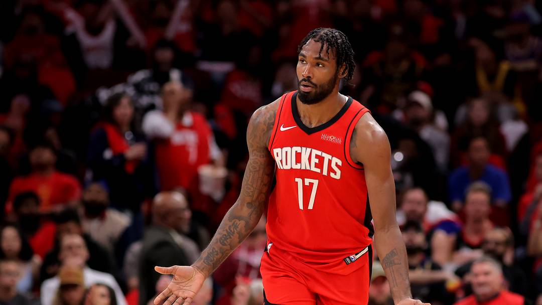 May 1, 2026; Houston, Texas, USA; Houston Rockets forward Tari Eason (17) reacts after a made basket against the Los Angeles Lakers during the third quarter of game six of the first round of the 2026 NBA Playoffs at Toyota Center. Mandatory Credit: Erik Williams-Imagn Images