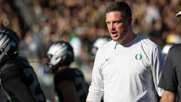 Oregon Ducks head coach Dan Lanning walks the field during warmups as the No. 3 Oregon Ducks host the No. 2 Ohio State Buckeyes Saturday, Oct. 12, 2024 at Autzen Stadium in Eugene, Ore.