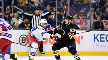 Sep 24, 2023; Boston, Massachusetts, USA; New York Rangers defenseman Matthew Robertson (44) checks Boston Bruins right wing Fabian Lysell (23) during the third period at TD Garden. Mandatory Credit: Eric Canha-USA TODAY Sports