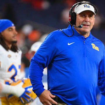 Oct 18, 2025; Syracuse, New York, USA; Pittsburgh Panthers head coach Pat Narduzzi looks on against the Syracuse Orange during the second half at the JMA Wireless Dome. Mandatory Credit: Rich Barnes-Imagn Images