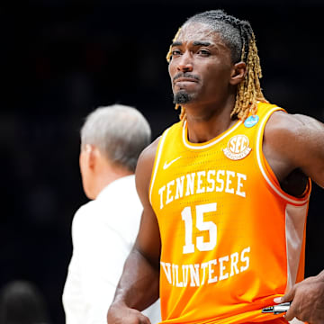 Tennessee guard Jahmai Mashack (15) walks off the court after a NCAA Tournament Elite Eight game between Tennessee and Houston at Lucas Oil Stadium in Indianapolis, Ind., on Sunday, March 30, 2025.