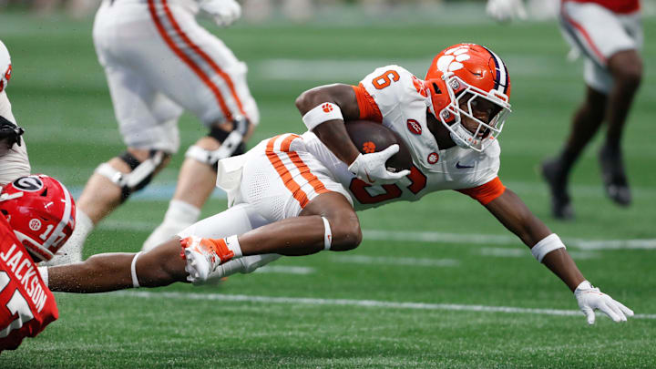 Clemson wide receiver Tyler Brown (6) moves the ball during the second half of the NCAA Aflac Kickoff Game against Georgia in Atlanta, on Saturday, Aug. 31, 2024.