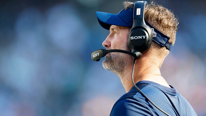 Dallas Cowboys Head Coach Brian Schottenheimer watches the game at MetLife Stadium Dallas Cowboys Head Coach Brian Schottenheimer watches the game at MetLife Stadium