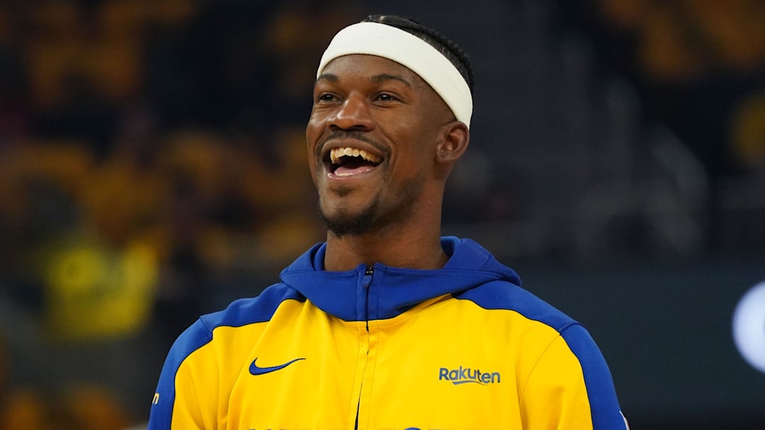 May 10, 2025; San Francisco, California, USA; Golden State Warriors forward Jimmy Butler III (10) warms up before game three of the second round for the 2025 NBA Playoffs against the Minnesota Timberwolves at Chase Center. Mandatory Credit: David Gonzales-Imagn Images