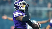 Northwestern Wildcats defensive back Jaheem Joseph (3) celebrates after making an interception against the Utah Utes during the first quarter at Allegiant Stadium. Mandatory Credit: Stephen R. Sylvanie-Imagn Images