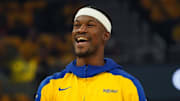Golden State Warriors forward Jimmy Butler III warms up before the 2025 NBA Playoffs against the Minnesota Timberwolves.