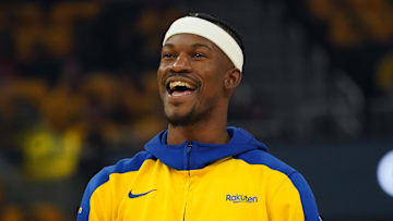 Golden State Warriors forward Jimmy Butler III warms up before the 2025 NBA Playoffs against the Minnesota Timberwolves.
