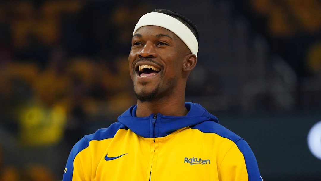May 10, 2025; San Francisco, California, USA; Golden State Warriors forward Jimmy Butler III (10) warms up before game three of the second round for the 2025 NBA Playoffs against the Minnesota Timberwolves at Chase Center. Mandatory Credit: David Gonzales-Imagn Images