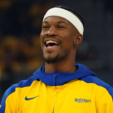 May 10, 2025; San Francisco, California, USA; Golden State Warriors forward Jimmy Butler III (10) warms up before game three of the second round for the 2025 NBA Playoffs against the Minnesota Timberwolves at Chase Center. Mandatory Credit: David Gonzales-Imagn Images