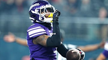 Northwestern Wildcats defensive back Jaheem Joseph (3) celebrates after making an interception against the Utah Utes during the first quarter at Allegiant Stadium. Mandatory Credit: Stephen R. Sylvanie-Imagn Images