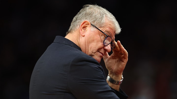 Apr 3, 2026; Phoenix, AZ, USA; UConn Huskies head coach Geno Auriemma reacts during the second half of a semifinal of the Final Four of the women's 2026 NCAA Tournament against the South Carolina Gamecocks at Mortgage Matchup Center. Mandatory Credit: Mark J. Rebilas-Imagn Images