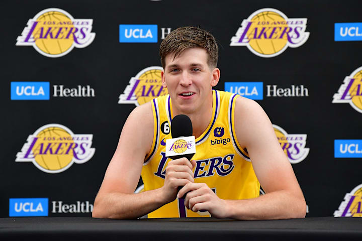  Los Angeles Lakers guard Austin Reaves  speaks during Lakers Media Day at UCLA Health Training Center. 